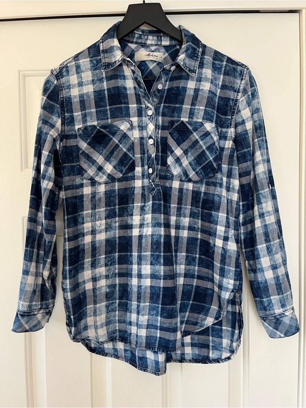 Mahina Long-Sleeve Button-Front Plaid Cotton Shirt S Blue